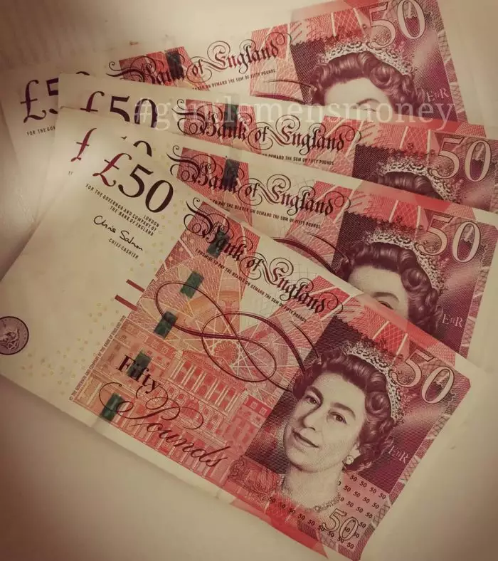 British Pound 50 GBP Currency Money Bill Print PU Leather Zip Around Wallet 